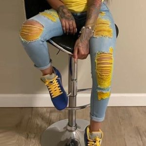 Colorblock Ripped Cutout Casual Jeans