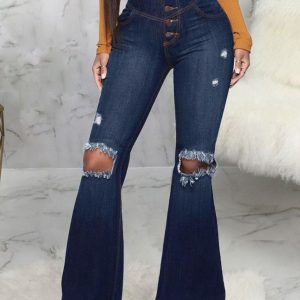 Button Fly High Waist Ripped Raw Hem Flare Leg Jeans