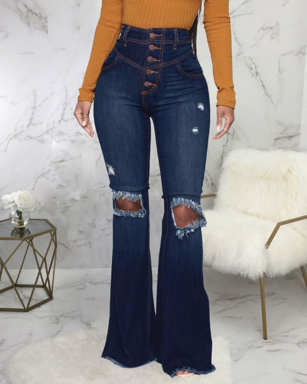 Button Fly High Waist Ripped Raw Hem Flare Leg Jeans