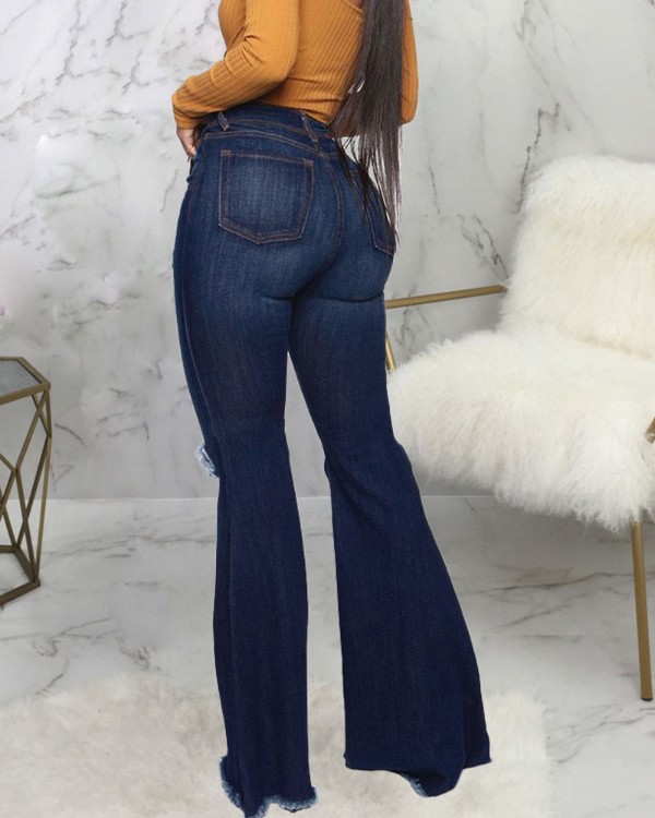 Button Fly High Waist Ripped Raw Hem Flare Leg Jeans