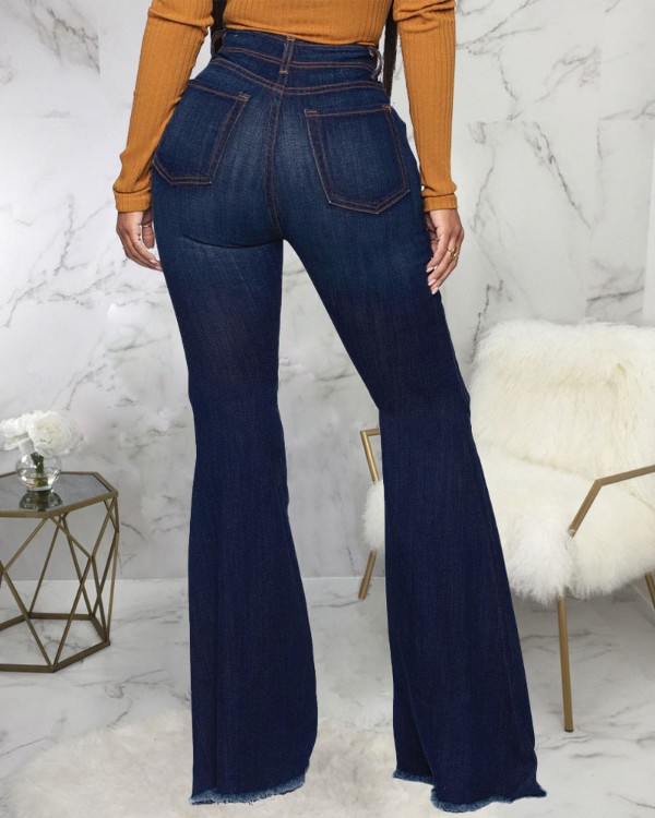 Button Fly High Waist Ripped Raw Hem Flare Leg Jeans