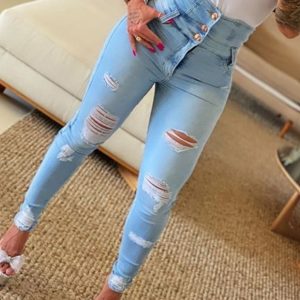High Waist Buttoned Cutout Ripped Skinny Jeans