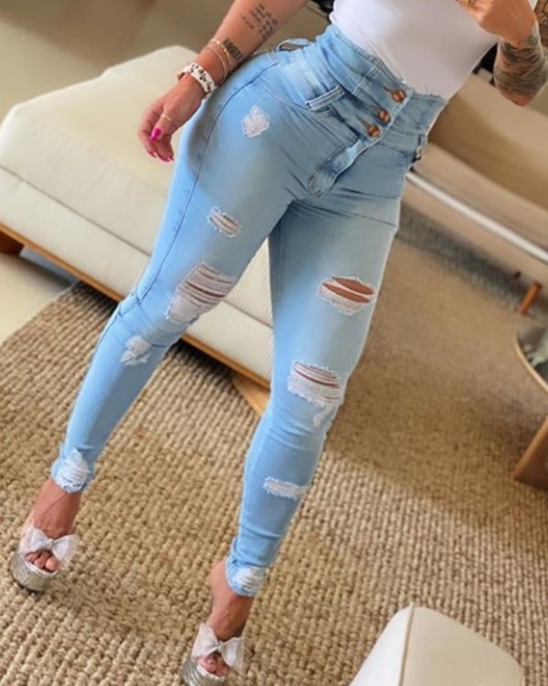 High Waist Buttoned Cutout Ripped Skinny Jeans