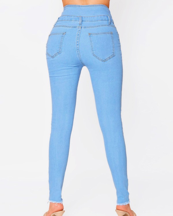 High Waist Buttoned Cutout Ripped Skinny Jeans