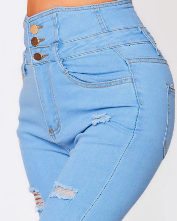 High Waist Buttoned Cutout Ripped Skinny Jeans