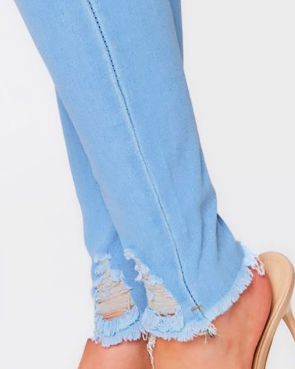 High Waist Buttoned Cutout Ripped Skinny Jeans