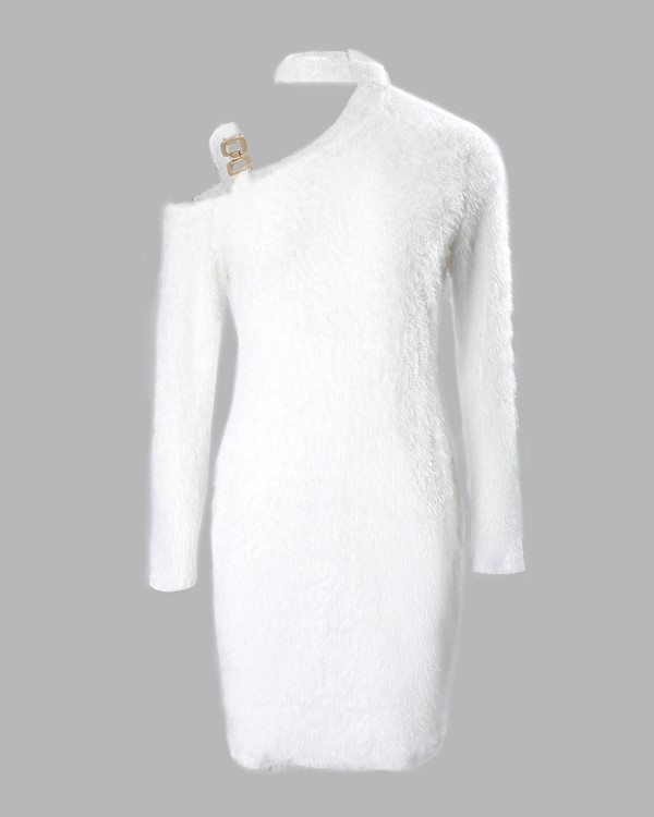 Cold Shoulder Fluffy Long Sleeve Dress
