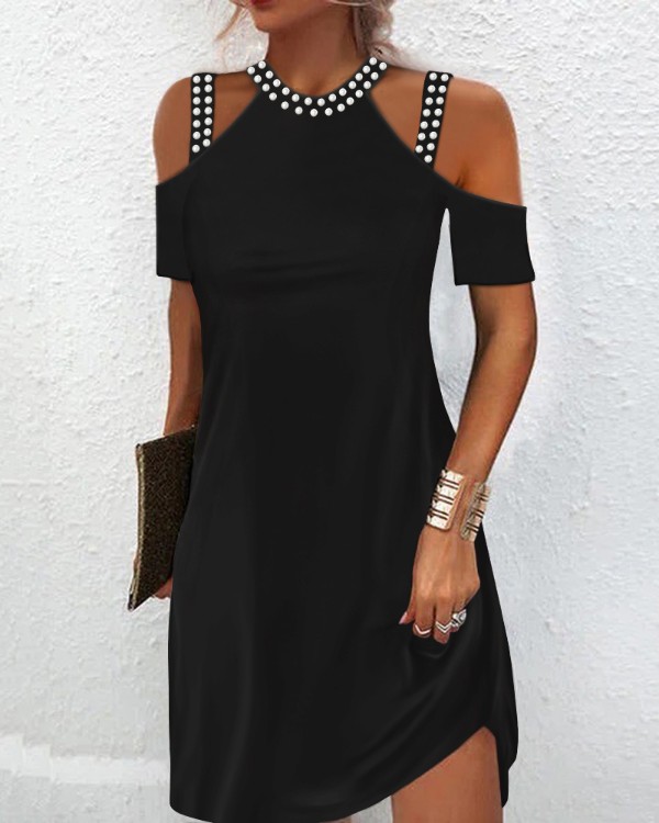 Beaded Decor Cold Shoulder Casual Dress