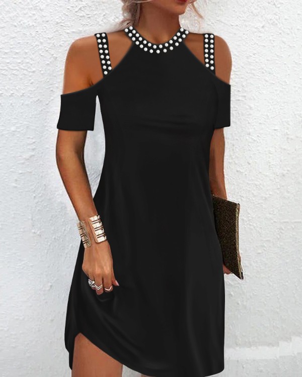 Beaded Decor Cold Shoulder Casual Dress