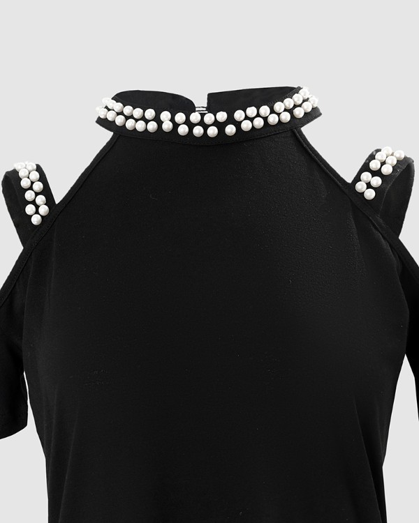 Beaded Decor Cold Shoulder Casual Dress