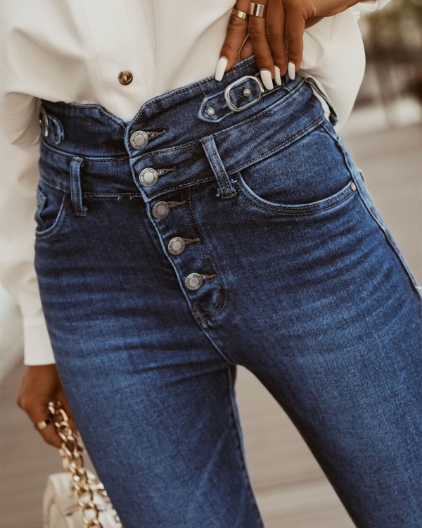 Button Decor High Waist Skinny Jeans