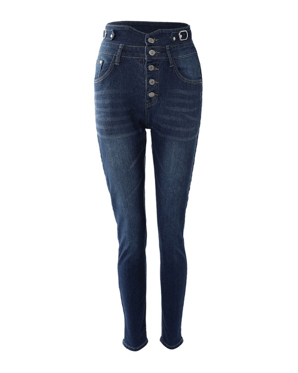 Button Decor High Waist Skinny Jeans