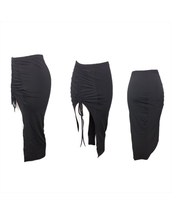 Drawstring Ruched Split Thigh High Waist Skirt