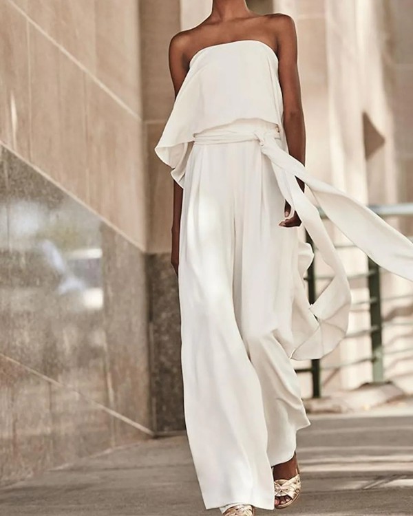 Bandeau Flowy Wide Leg Jumpsuit With Belt