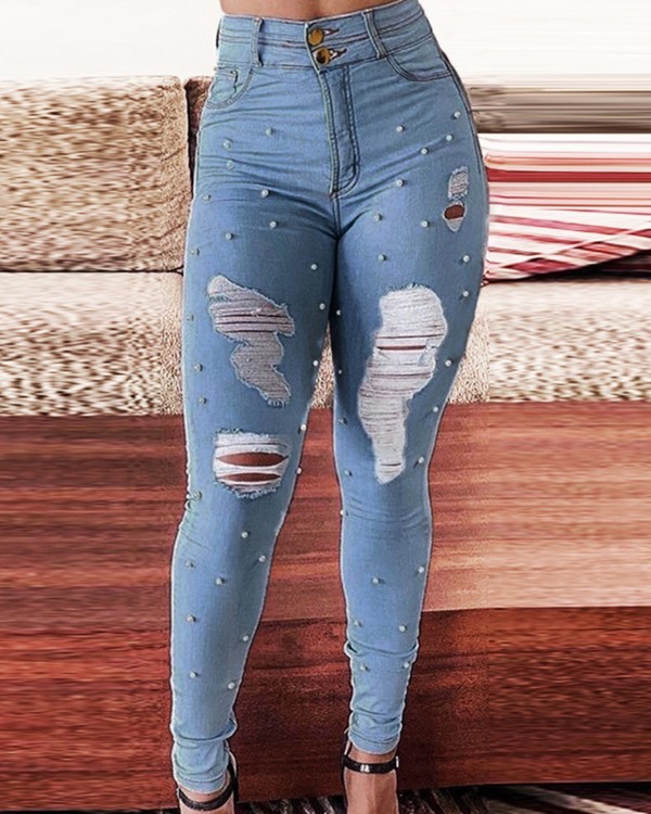 Beaded High Waist Ripped Skinny Jeans