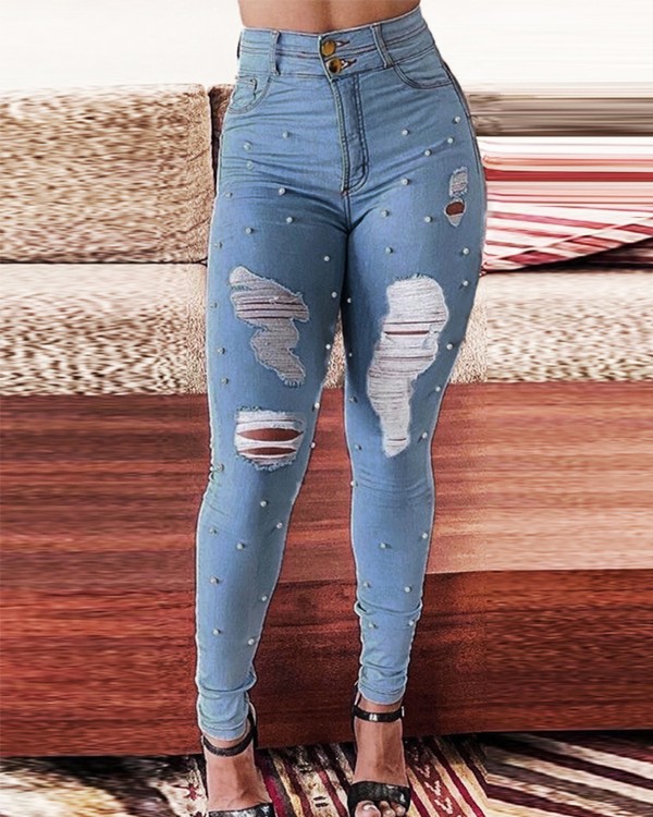 Beaded High Waist Ripped Skinny Jeans