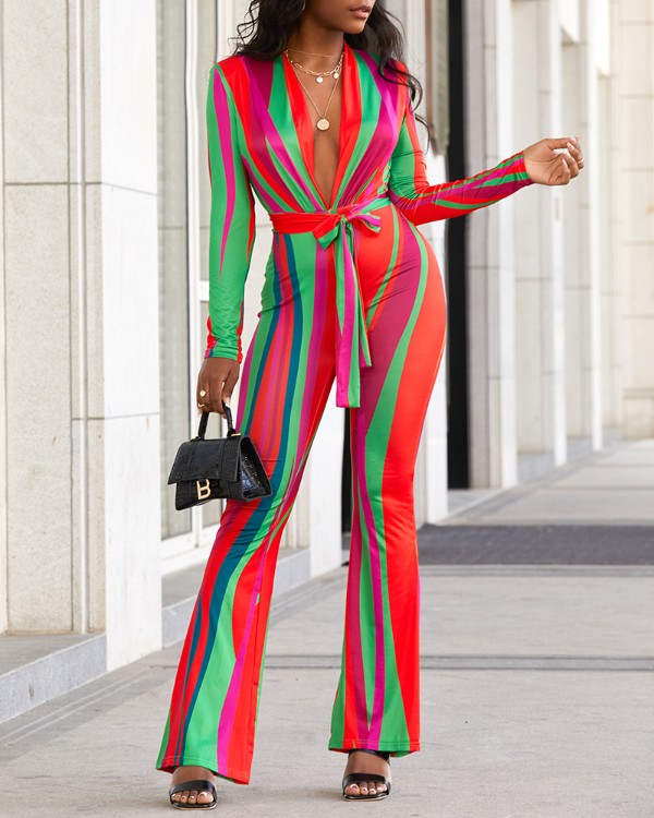 Colorblock Plunge Long Sleeve Bootcut Jumpsuit