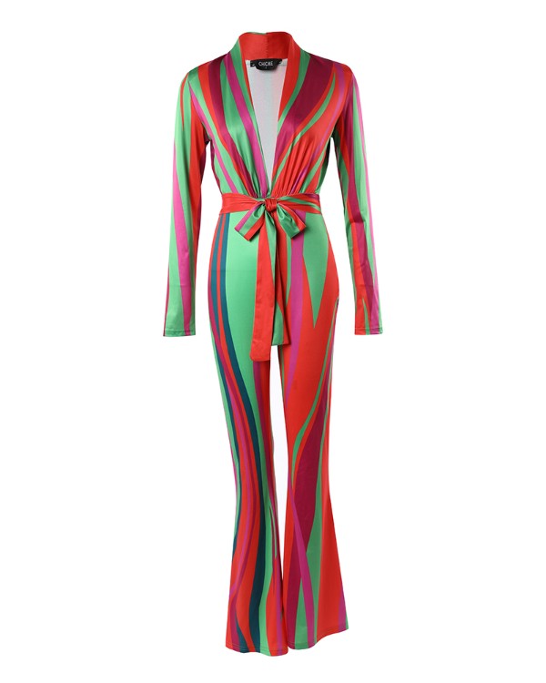 Colorblock Plunge Long Sleeve Bootcut Jumpsuit