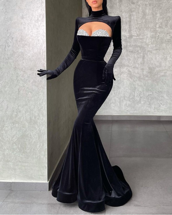 Velvet Shoulder Pad Cutout Contrast Lace Mermaid Dress