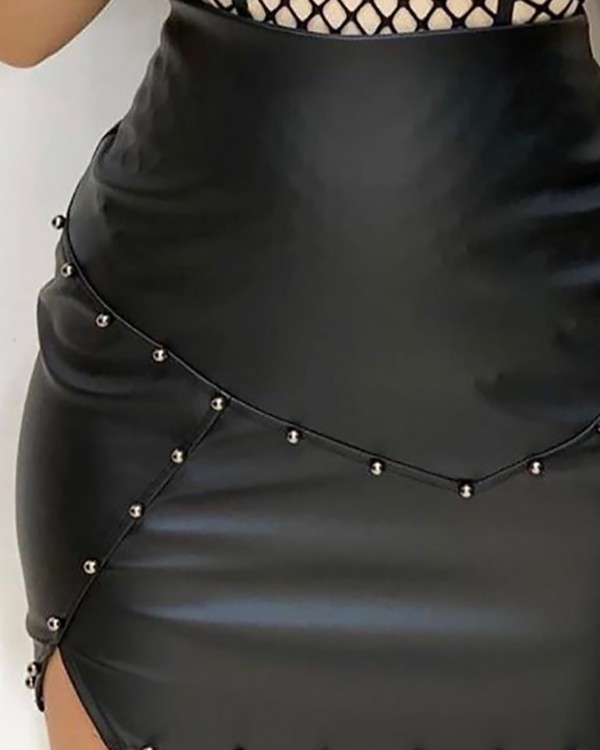 Studded Decor High Waist Slit PU Leather Skirt