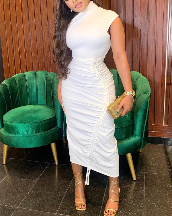 Asymmetrical Neck Cap Sleeve Drawstring Bodycon Dress