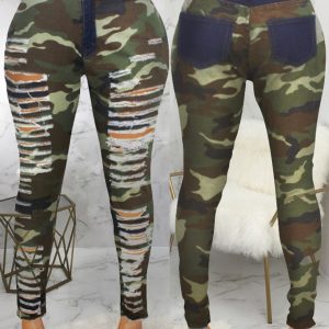 Camouflage Print Ripped Cutout Fringe Hem Jeans