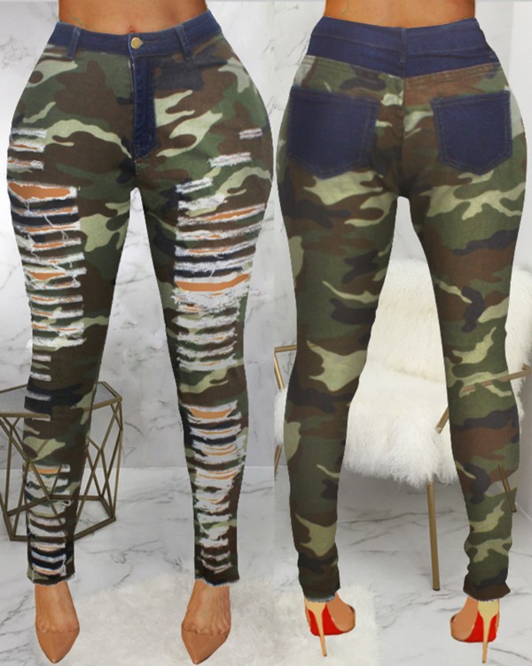 Camouflage Print Ripped Cutout Fringe Hem Jeans