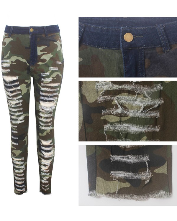 Camouflage Print Ripped Cutout Fringe Hem Jeans