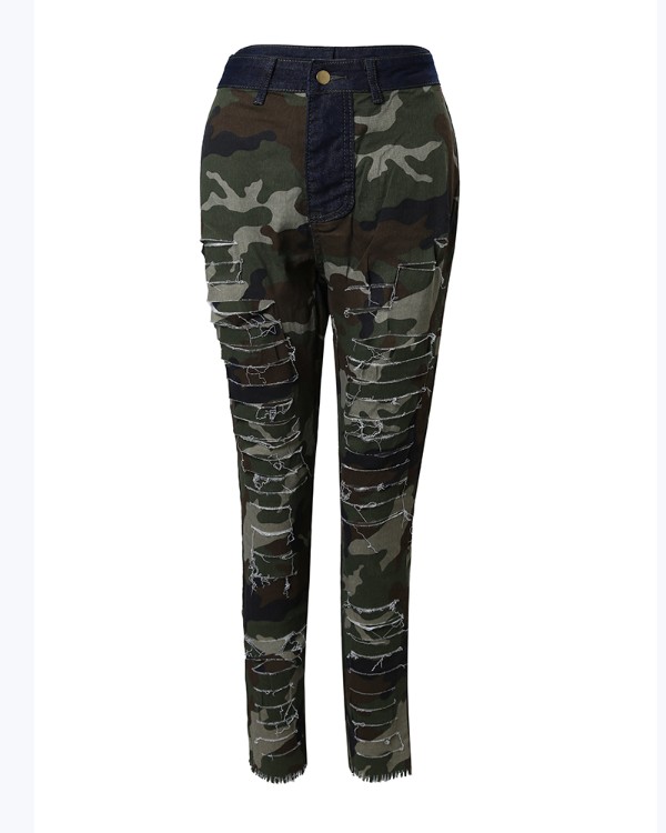 Camouflage Print Ripped Cutout Fringe Hem Jeans