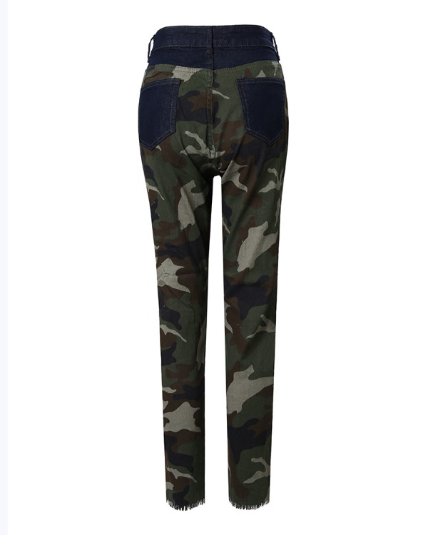 Camouflage Print Ripped Cutout Fringe Hem Jeans