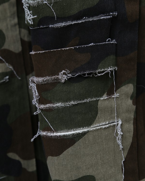 Camouflage Print Ripped Cutout Fringe Hem Jeans