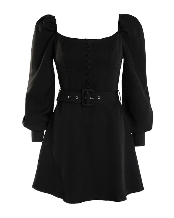 Button Decor Puff Sleeve Belted Bodycon Dress