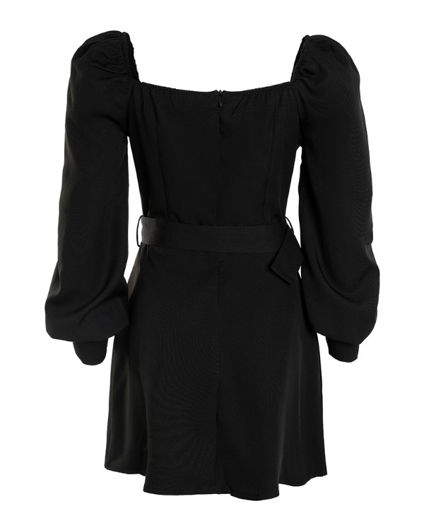 Button Decor Puff Sleeve Belted Bodycon Dress