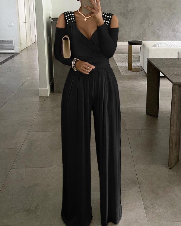Beaded Decor Cold Shoulder Wide Leg Jumpsuit