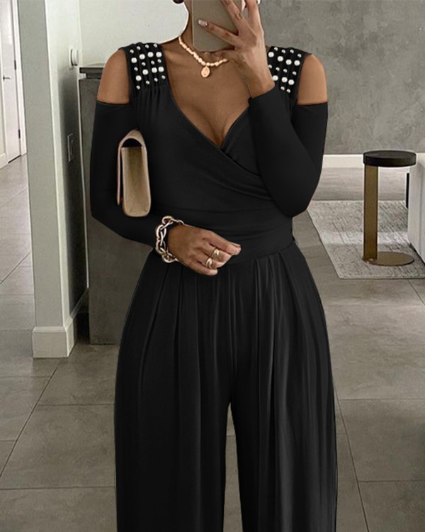 Beaded Decor Cold Shoulder Wide Leg Jumpsuit