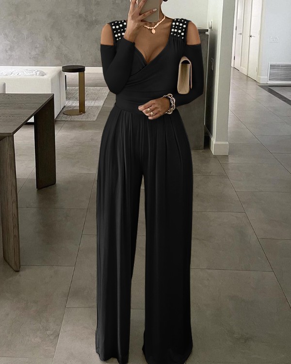 Beaded Decor Cold Shoulder Wide Leg Jumpsuit
