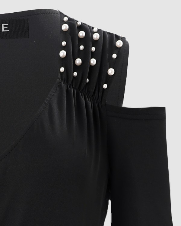 Beaded Decor Cold Shoulder Wide Leg Jumpsuit