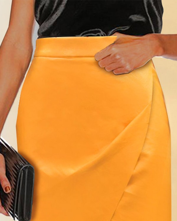 Draped Detail Split PU Leather Skirt