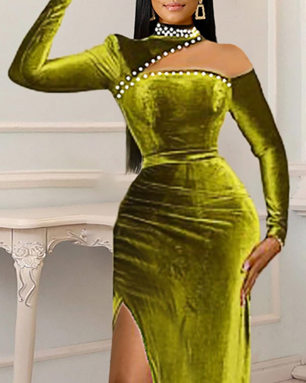 Cutout Velvet Beaded High Slit Evening Dress