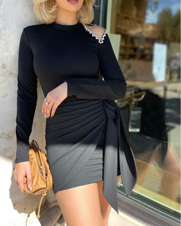 Beaded Decor Cutout Shoulder Knotted Bodycon Dress