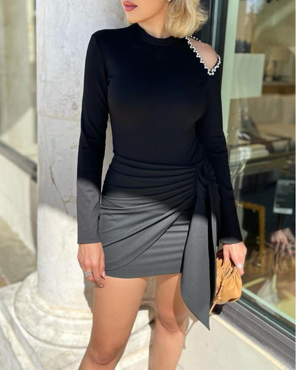 Beaded Decor Cutout Shoulder Knotted Bodycon Dress