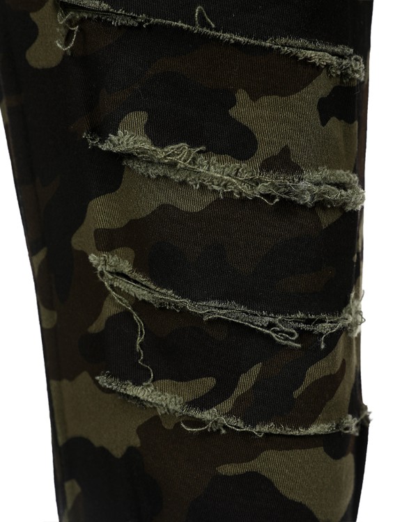 Camouflage Print Fringe Hem Cutout Jeans