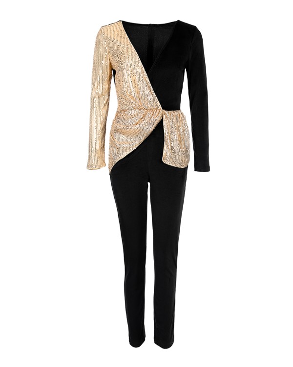 Colorblock Sequins Velvet Ruched Long Sleeve Jumpsuit