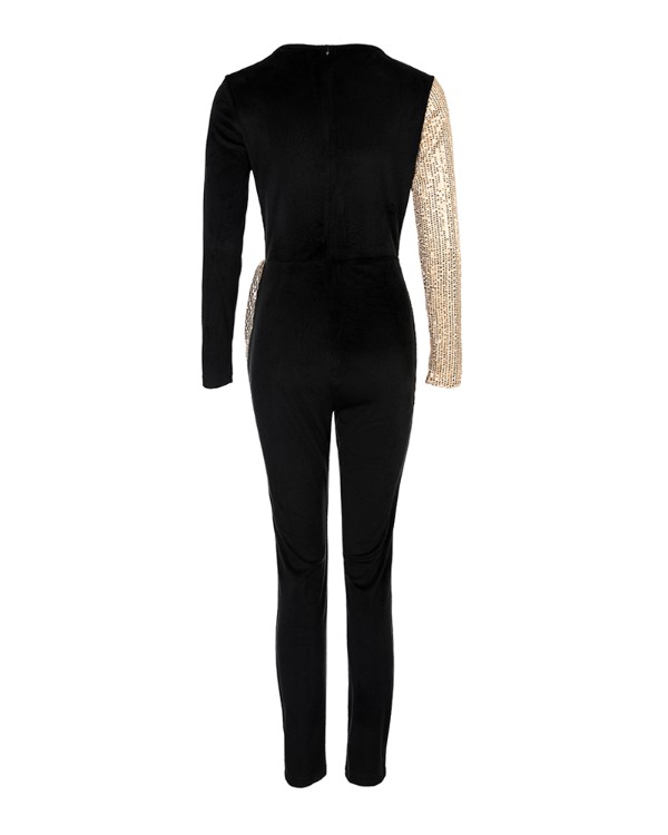 Colorblock Sequins Velvet Ruched Long Sleeve Jumpsuit