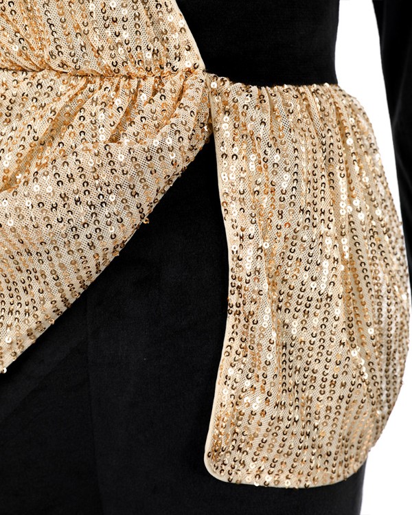 Colorblock Sequins Velvet Ruched Long Sleeve Jumpsuit