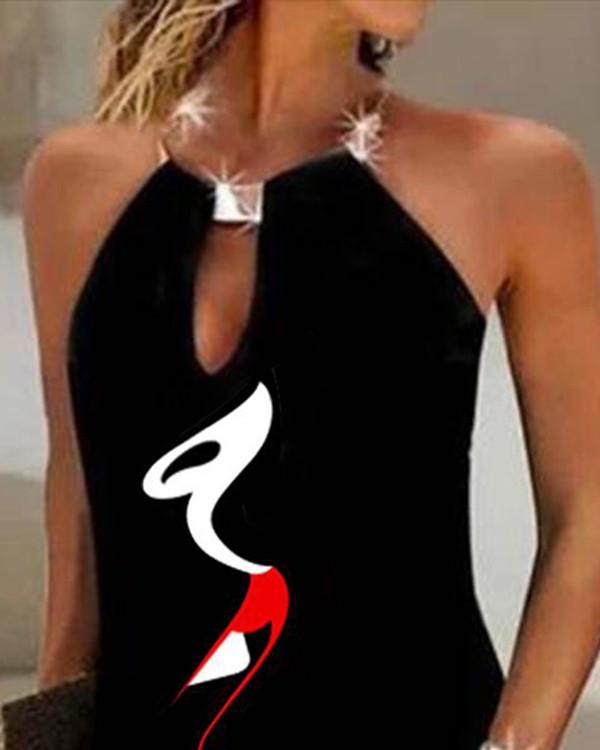 Abstract Figure Print Metal Halter Casual Dress