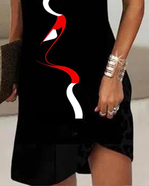 Abstract Figure Print Metal Halter Casual Dress