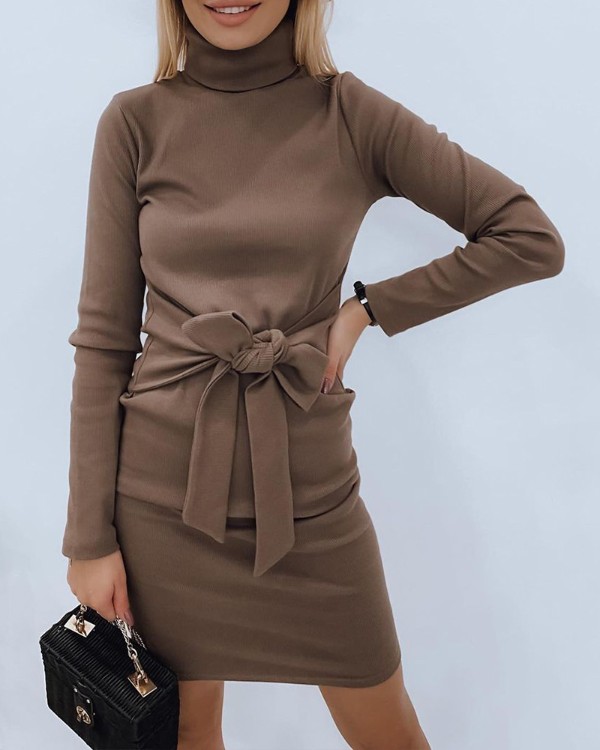 Bowknot Decor Long Sleeve Turtleneck Bodycon Dress
