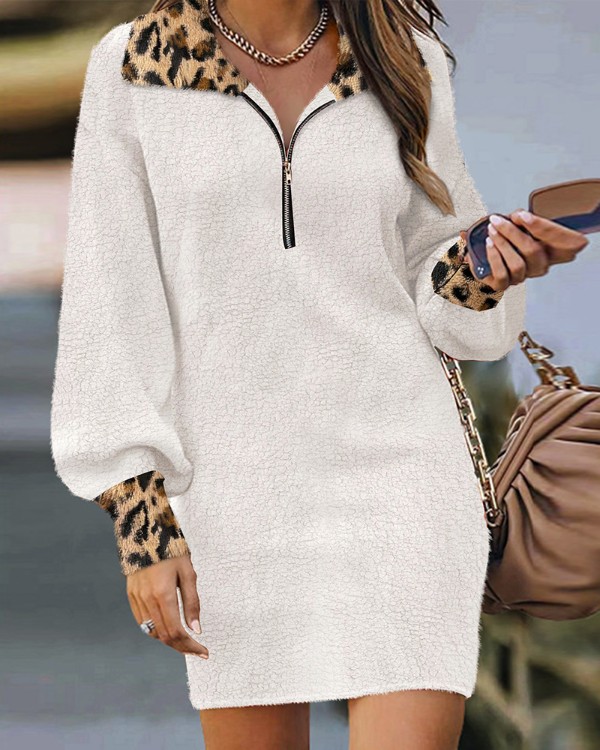 Contrast Leopard Zip Front Lantern Sleeve Casual Dress