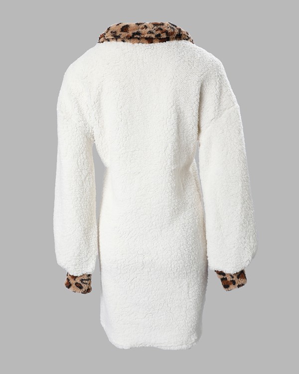 Contrast Leopard Zip Front Lantern Sleeve Casual Dress